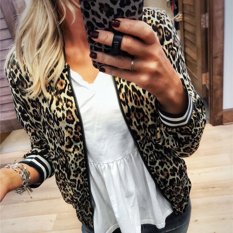 Leopard Print Zip Up Long Sleeve Jacket Outwear for Women