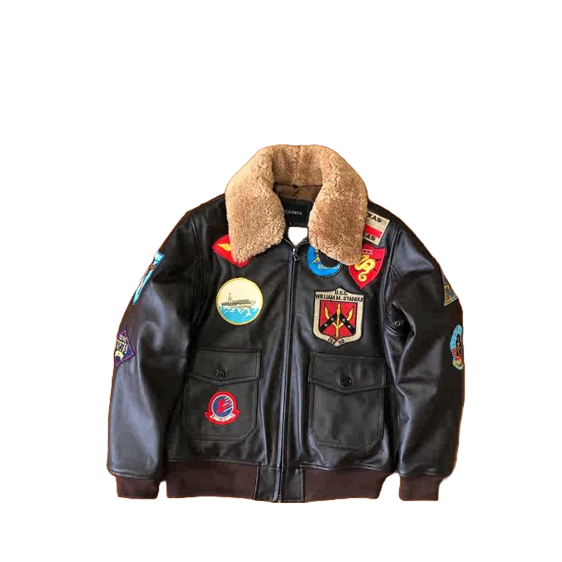 Men's Brown Leather Bomber Jacket with Fur Collar Embroidery Badges Air Force G1 Flight Coat